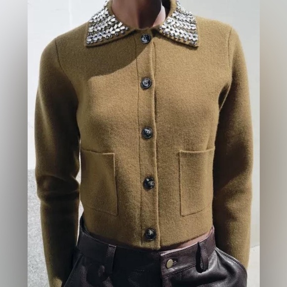 Zara ZW Collection 100% Wool Jewel Collar Cardigan Size XL - Picture 7 of 16